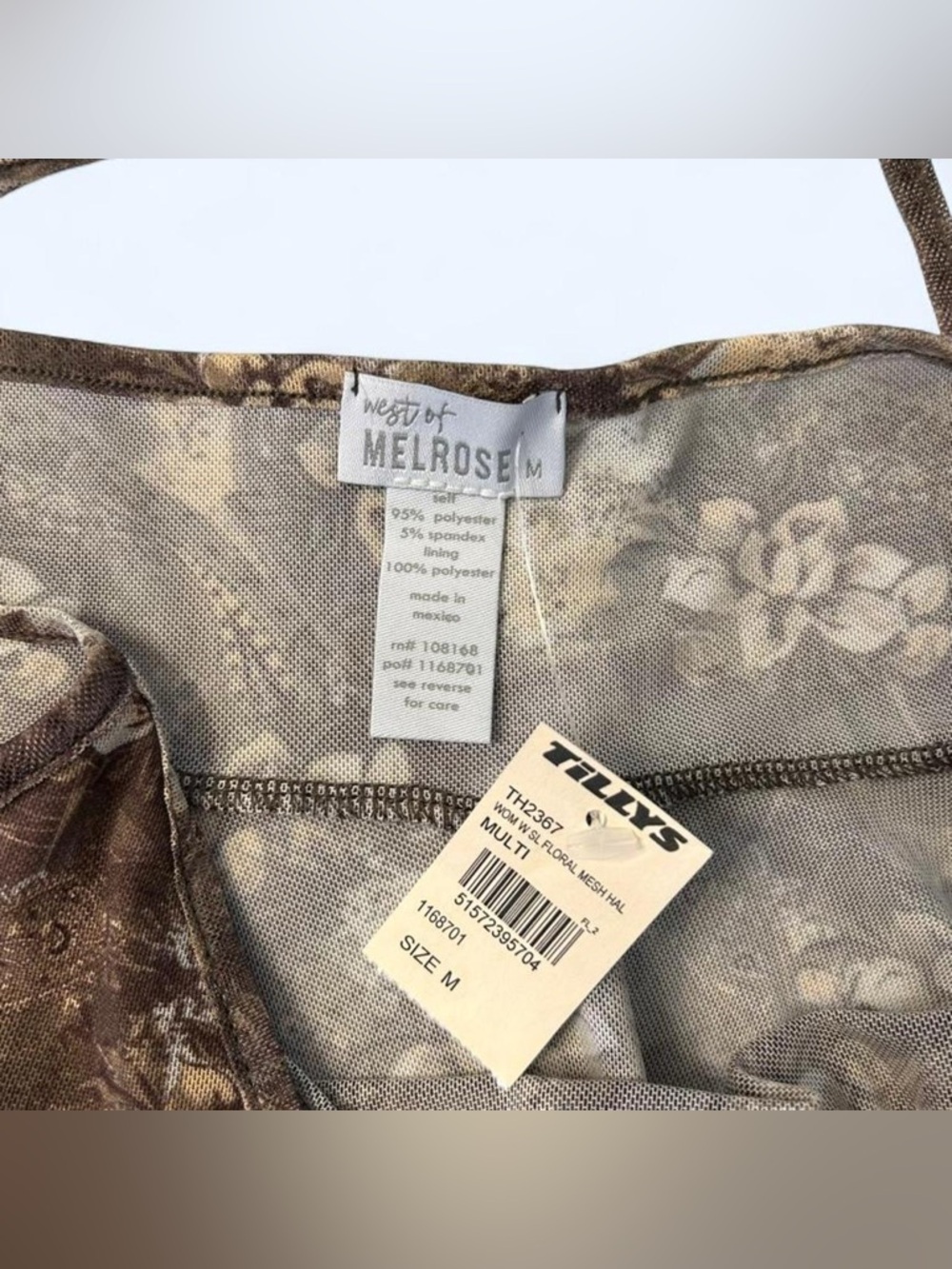 Brown Sheer Floral Print Asymmetrical Hem Cropped Halter Top by West of Melrose - Picture 4 of 8